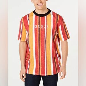 Guess Men's Vertical Striped Tee Shirt 90s Y2K Streetwear Athleisure Preppy S